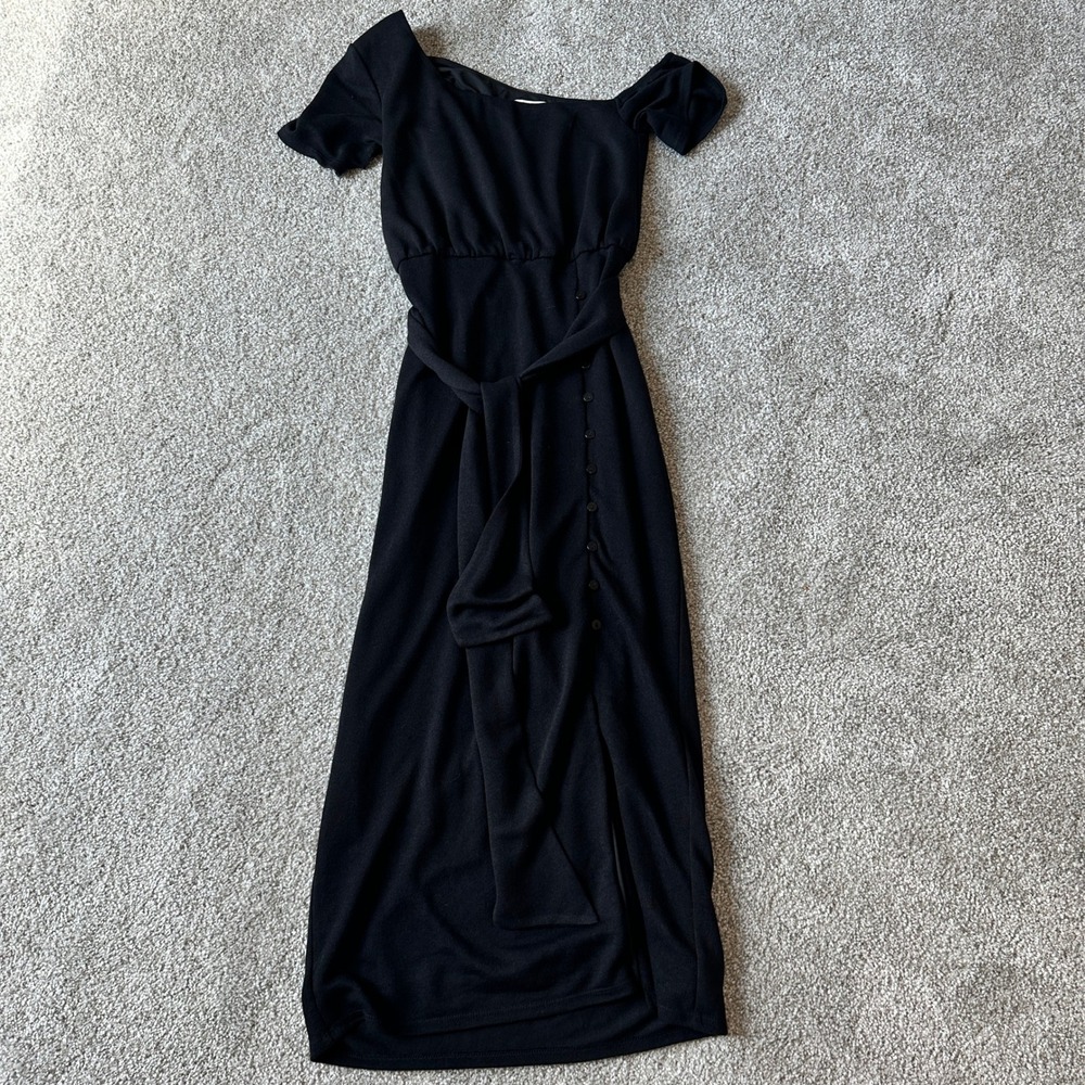Lovers and Friends Eden Midi Dress Womens Small Black Belted Button Slit LBD‎